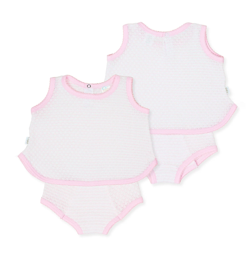 Paty Knit 2 Piece Sleeveless Diaper Set with or without Bows - Pink with Pink Trim