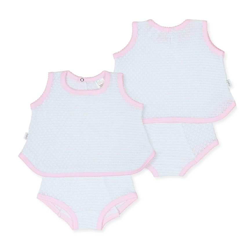 Paty Knit 2 Piece Sleeveless Diaper Set with or without Bows - Blue with Pink Trim