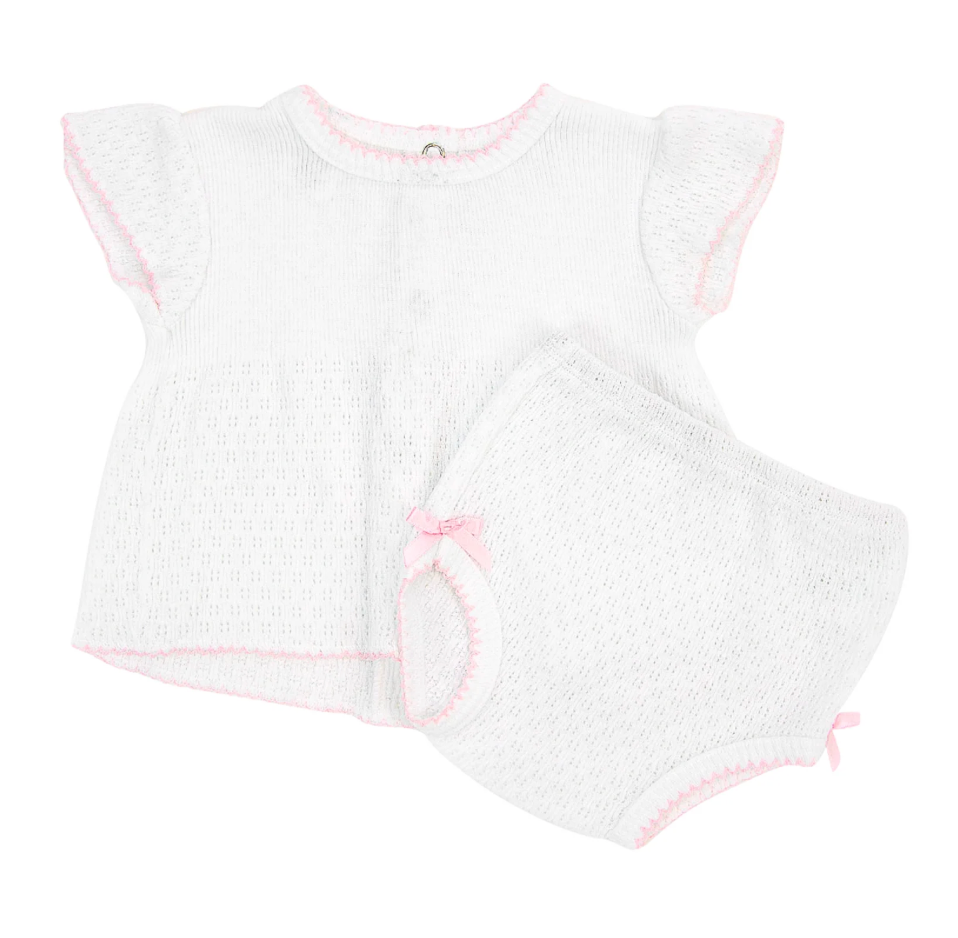 Paty Knit Flutter Sleeve Diaper Set with Bows - White with Pink Trim