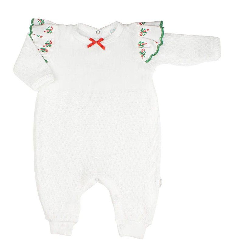 Knit Angel Sleeve Romper with Swiss Candy Cane Trim