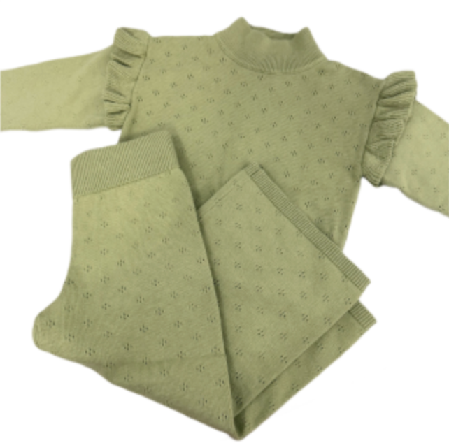 Turtleneck Pointelle Knit Set with Ruffle Cap - Olive