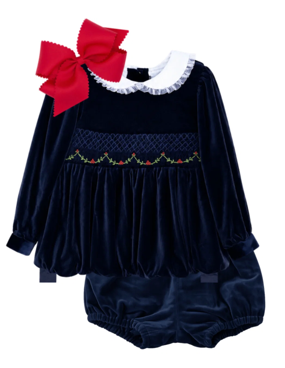 Navy Velvet Smocked Diaper Set