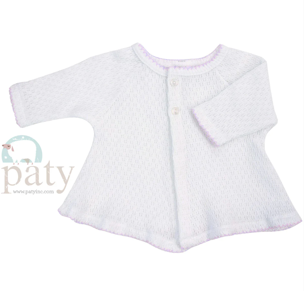 Paty Knit Raglan Cardigan - White with Lavender Trim