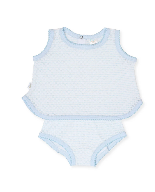 Paty Knit 2 Piece Sleeveless Diaper Set with or without Bows - Blue with Blue Trim