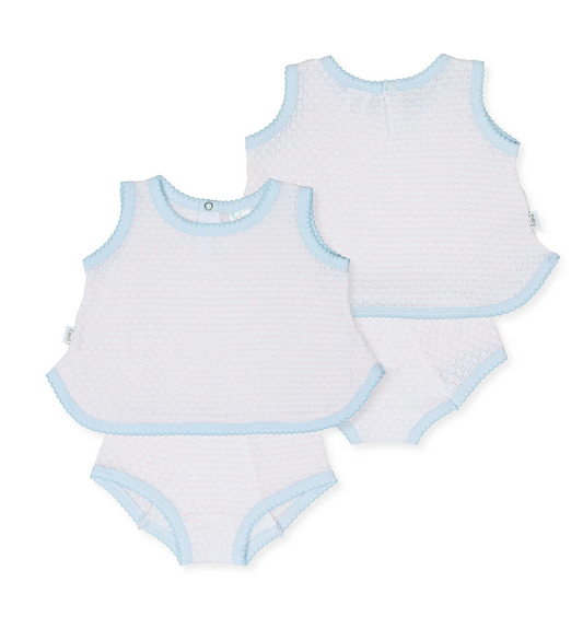 Paty Knit 2 Piece Sleeveless Diaper Set with or without Bows - Pink with Blue Trim