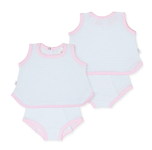 Paty Knit 2 Piece Sleeveless Diaper Set with or without Bows - Blue with Pink Trim