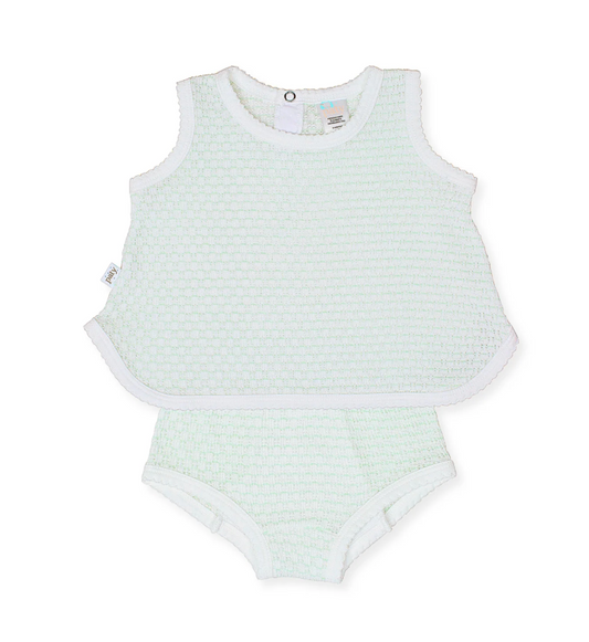 Paty Knit 2 Piece Sleeveless Diaper Set with or without Bows - Mint with White Trim