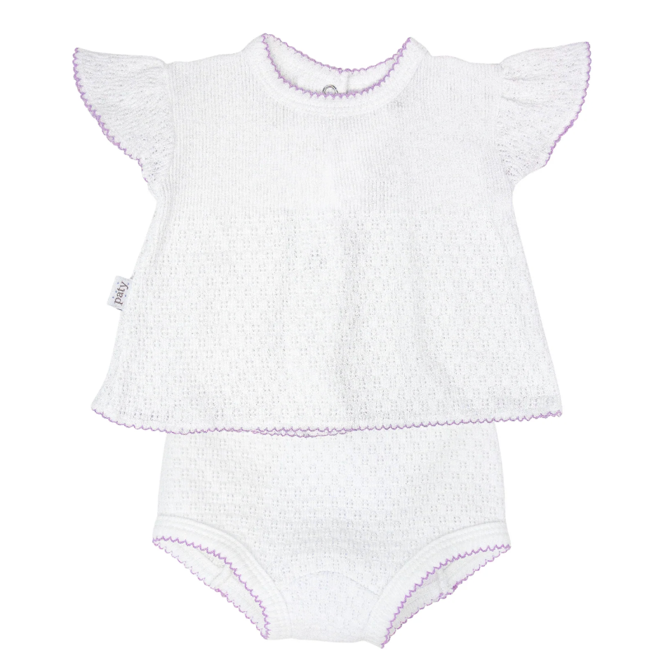 Paty Knit Flutter Sleeve Diaper Set with Bows - White with Lavender Trim