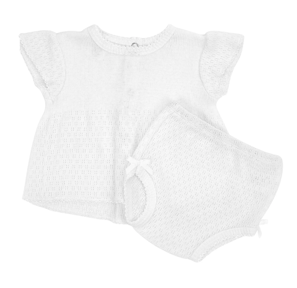Paty Knit Flutter Sleeve Diaper Set with Bows - White with White Trim