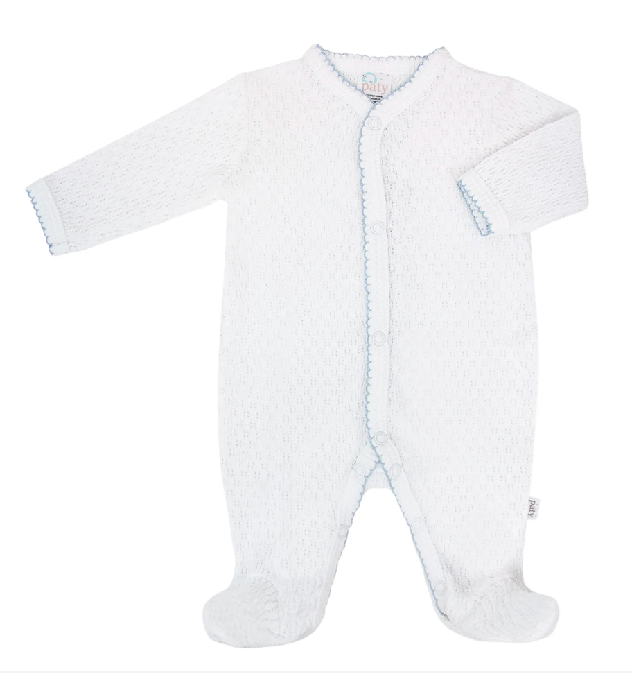 Paty Knit Footie - White with Blue Trim