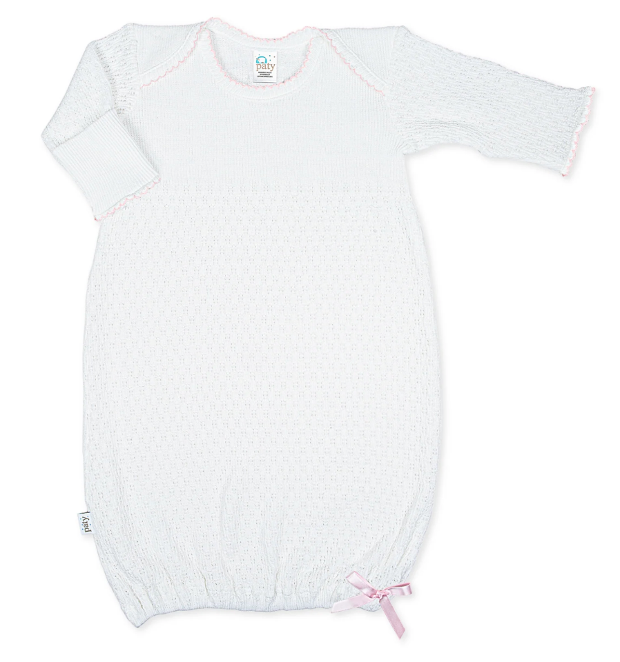 Paty Knit Overlap Shoulder Gown - White with Pink Trim