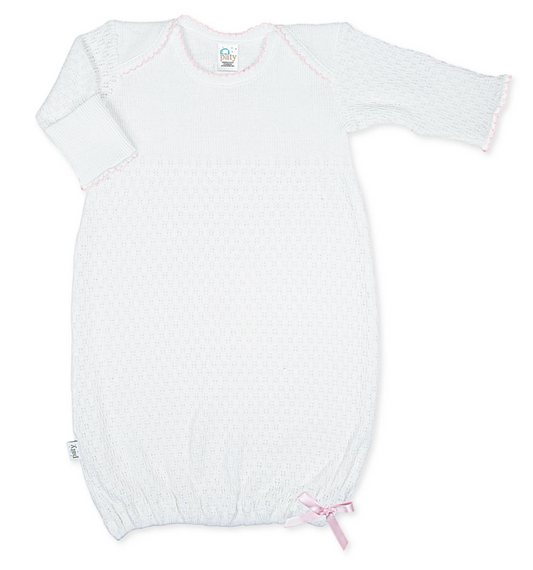 Paty Knit Overlap Shoulder Gown - White with Pink Trim