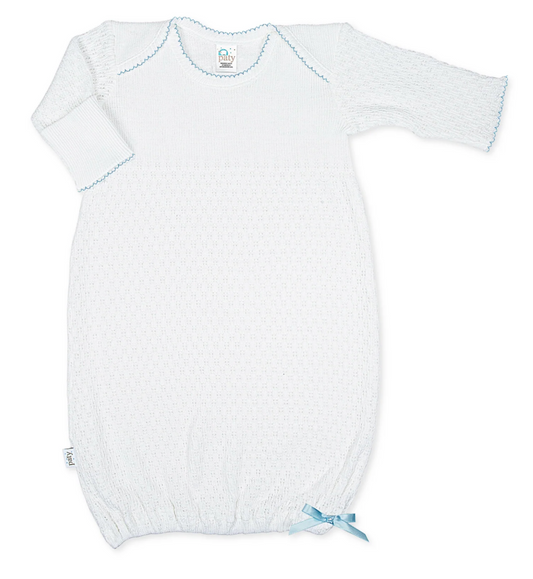 Paty Knit Overlap Shoulder Gown - White with Blue Trim