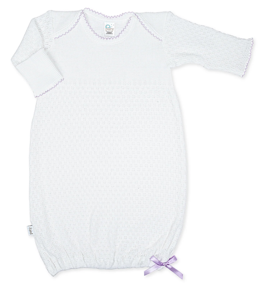 Paty Knit Overlap Shoulder Gown - White with Lavender Trim
