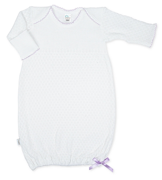 Paty Knit Overlap Shoulder Gown - White with Lavender Trim