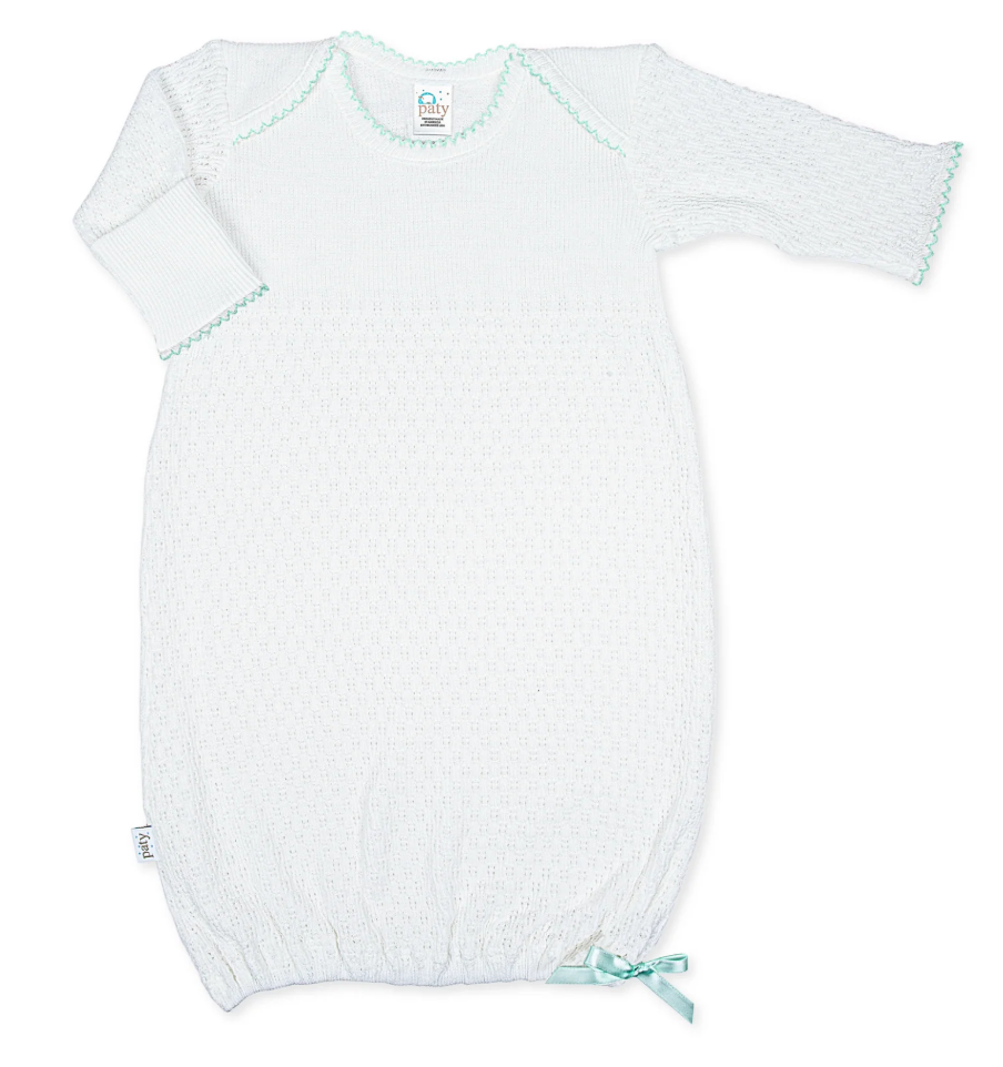 Paty Knit Overlap Shoulder Gown - White with Mint Trim