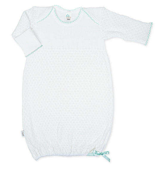 Paty Knit Overlap Shoulder Gown - White with Mint Trim