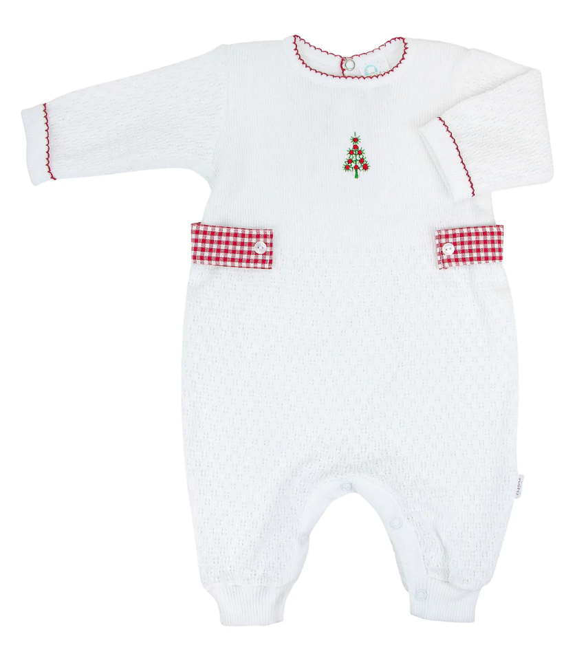 Knit Romper with Side Tabs & Christmas Tree Embroidery