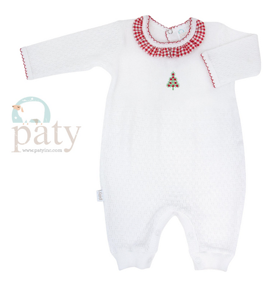 Knit Romper with Ruffle & Christmas Tree Embroidery