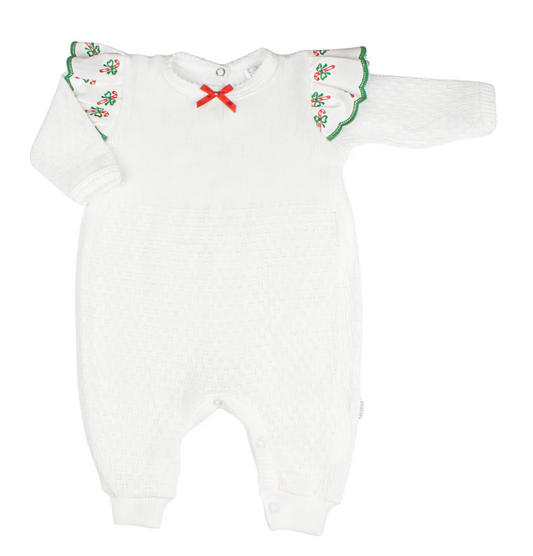 Knit Angel Sleeve Romper with Swiss Candy Cane Trim