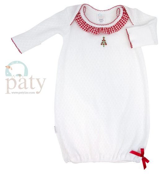 Knit Overlap Shoulder Gown with Ruffle Collar & Christmas Tree Embroidery