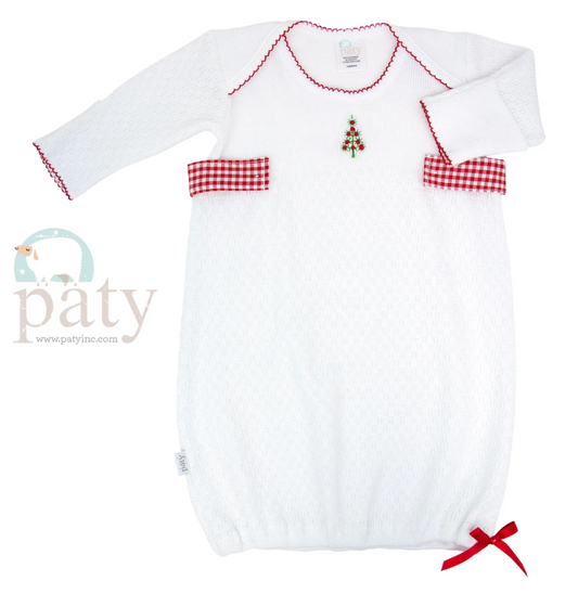 Knit Overlap Shoulder Gown with Christmas Tree Embroidery & Side Tabs