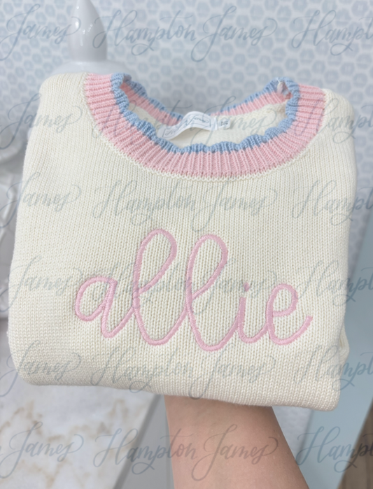 Rollneck Sweater - Cream with Pink & Blue Trim