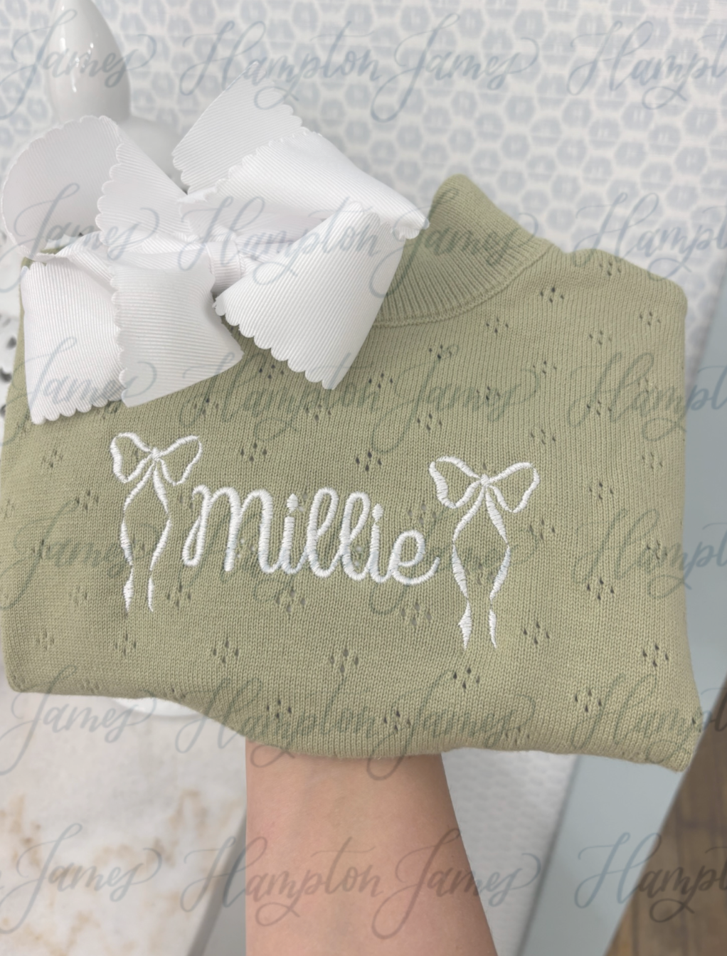 Turtleneck Pointelle Knit Set with Ruffle Cap - Olive