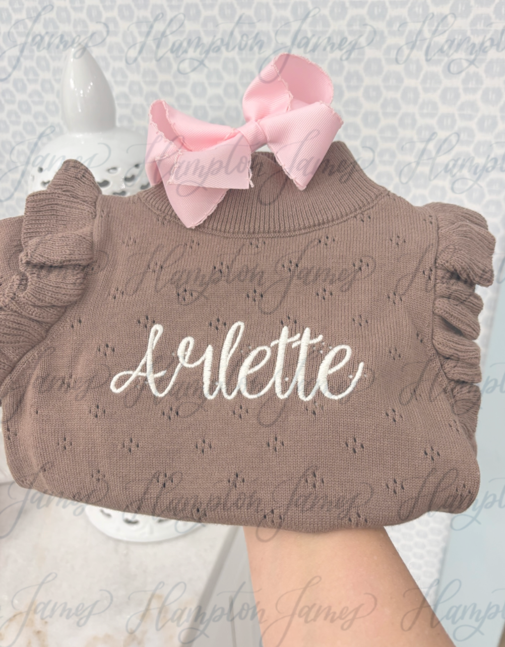 Turtleneck Pointelle Knit Set with Ruffle Cap - Chocolate