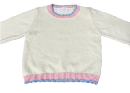 Rollneck Sweater - Cream with Pink & Blue Trim