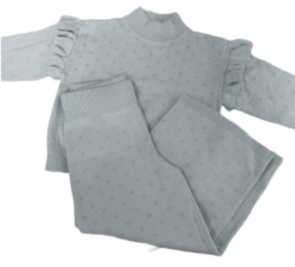 Turtleneck Pointelle Knit Set with Ruffle Cap - Pale Blue