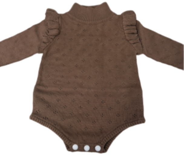 Turtleneck Pointelle Bubble with Ruffle Cap - Chocolate