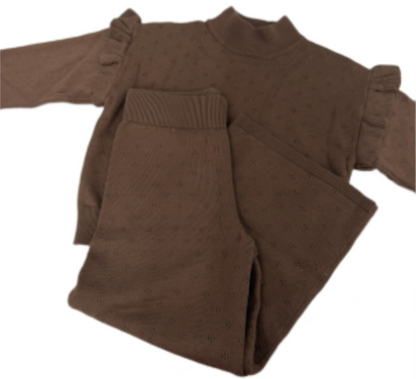 Turtleneck Pointelle Knit Set with Ruffle Cap - Chocolate