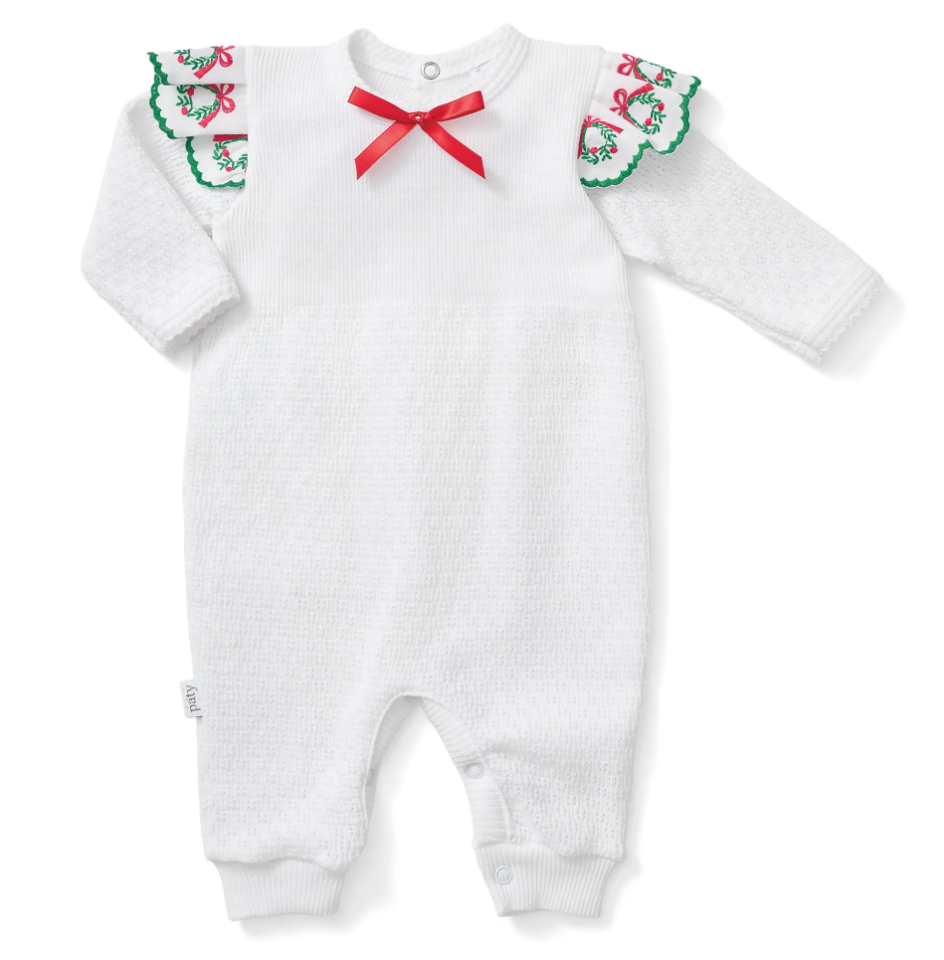 PatyKnit Angel Sleeve Romper with Swiss Wreath Trim