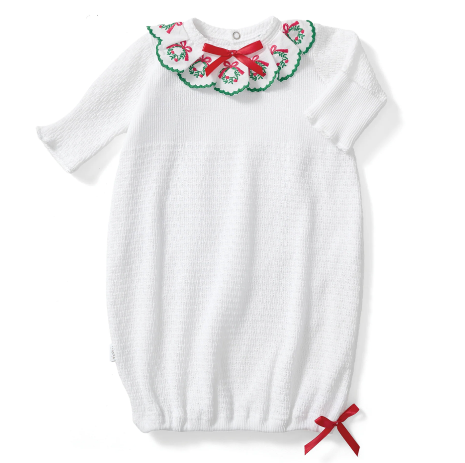 PatyKnit™ Baby Christmas Gown with Swiss Embroidered Wreath Trim