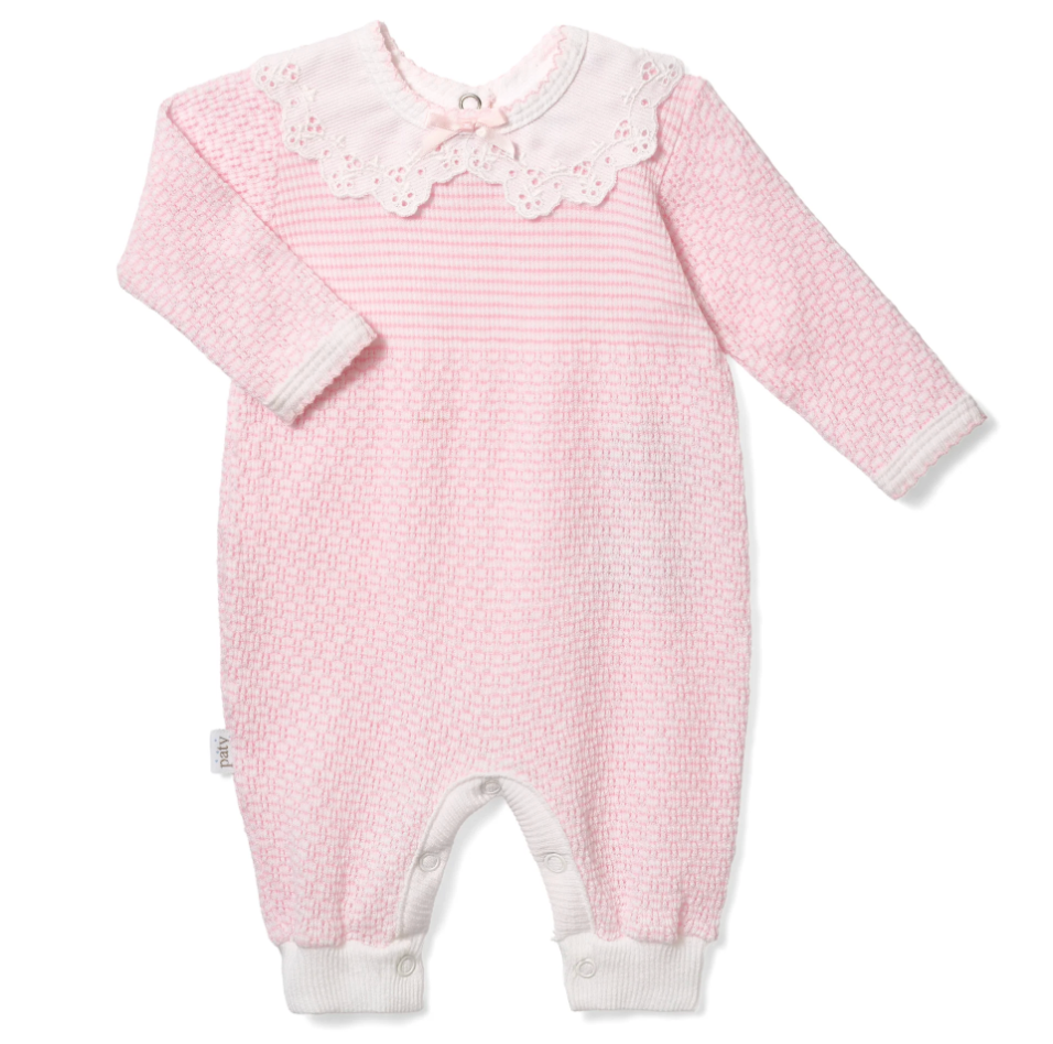 PatyKnit™ Solid Color Romper with Peter Pan Eyelet Collar - Pink