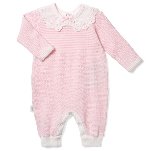 PatyKnit™ Solid Color Romper with Peter Pan Eyelet Collar - Pink