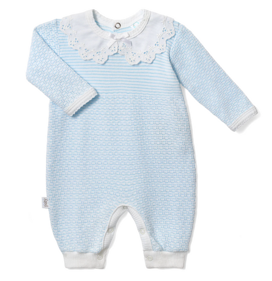 PatyKnit™ Solid Color Romper with Peter Pan Eyelet Collar - Blue