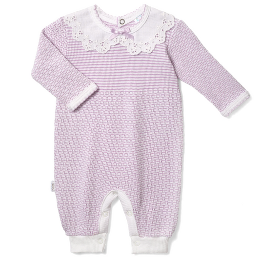 PatyKnit™ Solid Color Romper with Peter Pan Eyelet Collar - Lavender