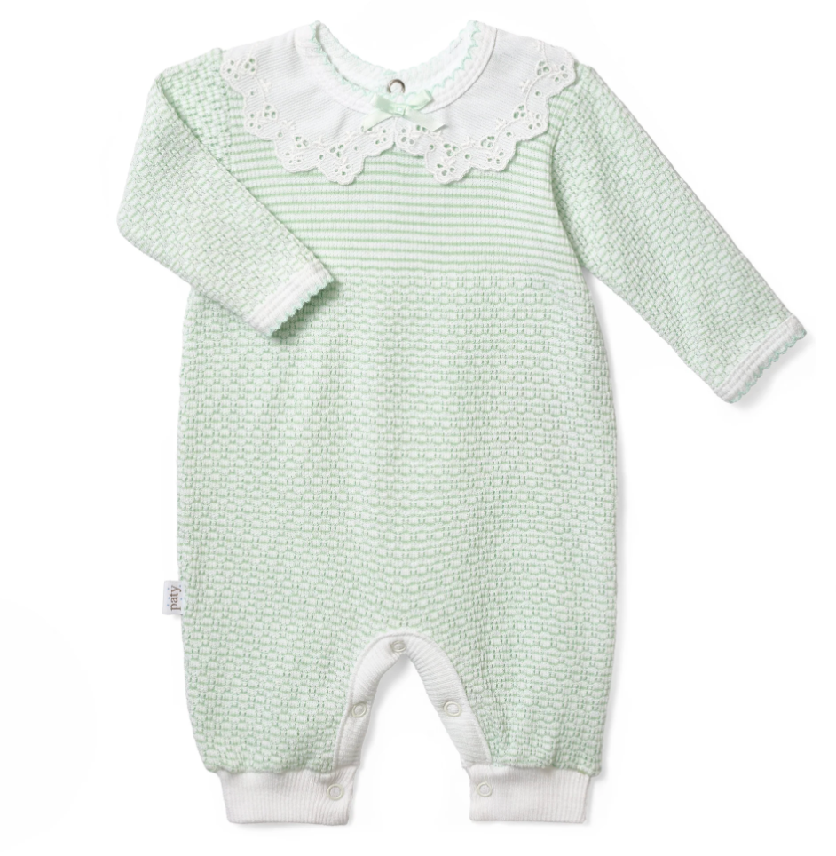 PatyKnit™ Solid Color Romper with Peter Pan Eyelet Collar - Mint
