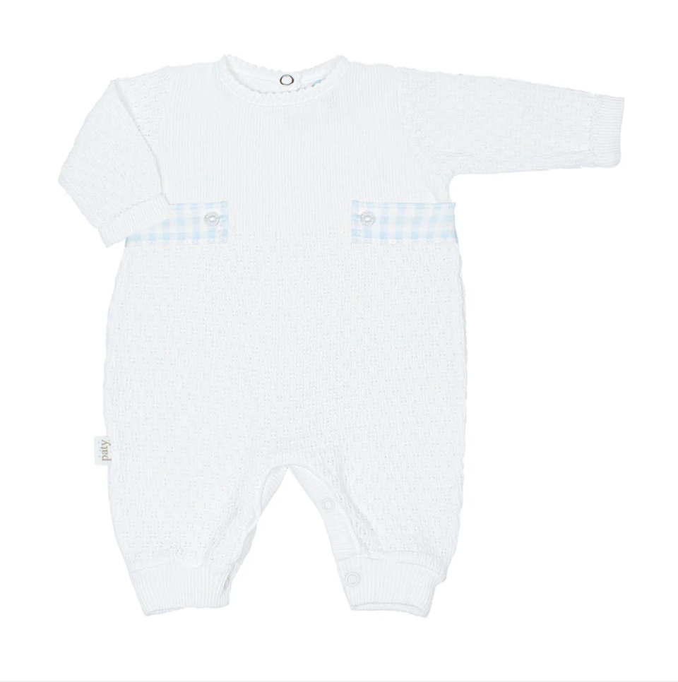 Paty Knit Romper with Gingham Tabs - Blue