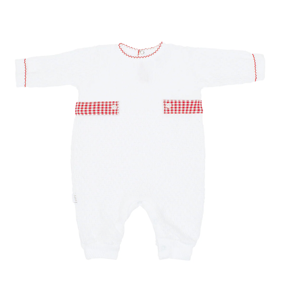 Paty Knit Romper with Gingham Tabs - Red