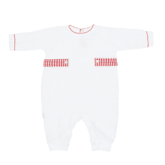 Paty Knit Romper with Gingham Tabs - Red