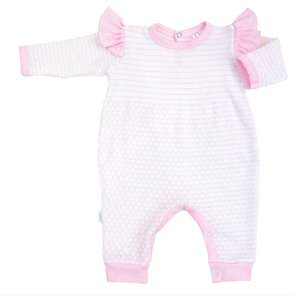 Paty Knit Pinstripe Angel Sleeve Romper - Pink with Pink Trim
