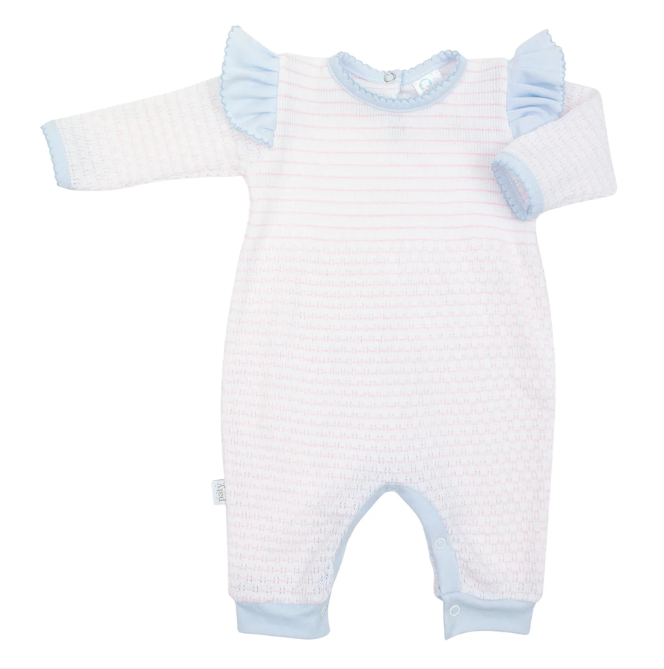 Paty Knit Pinstripe Angel Sleeve Romper - Pink with Blue Trim