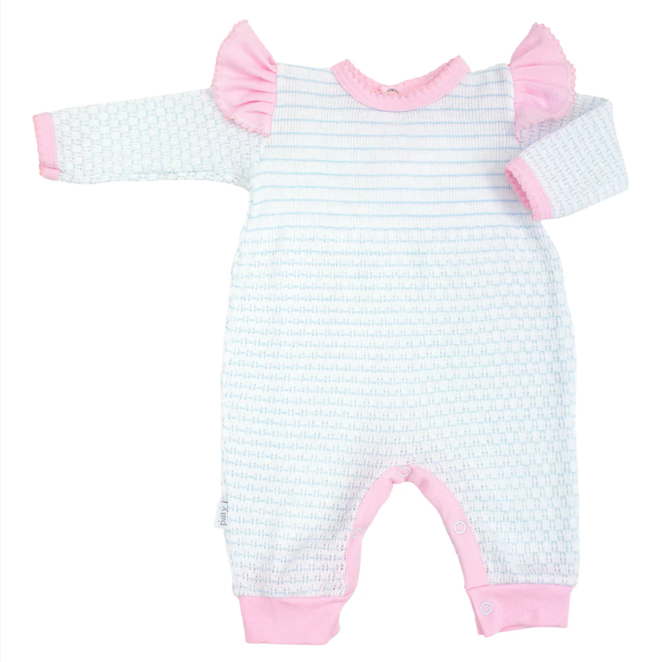 Paty Knit Pinstripe Angel Sleeve Romper - Blue with Pink Trim