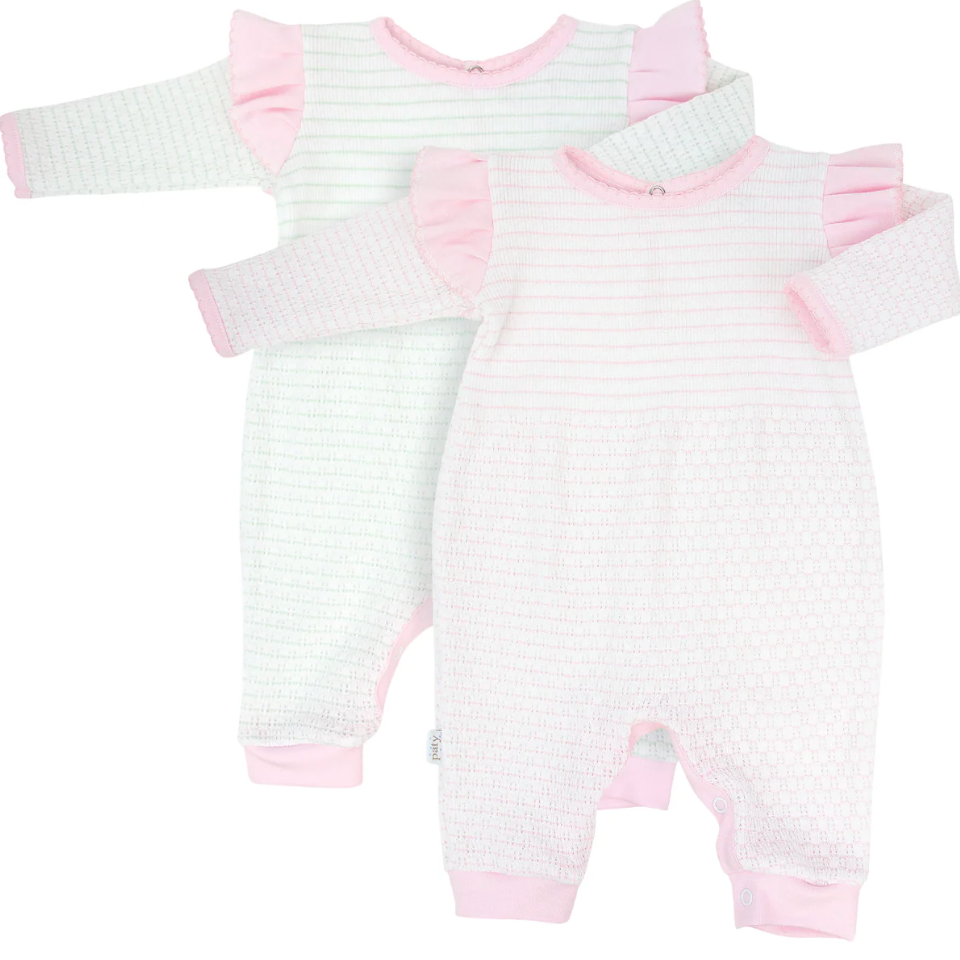 Paty Knit Pinstripe Angel Sleeve Romper - Mint with Pink Trim